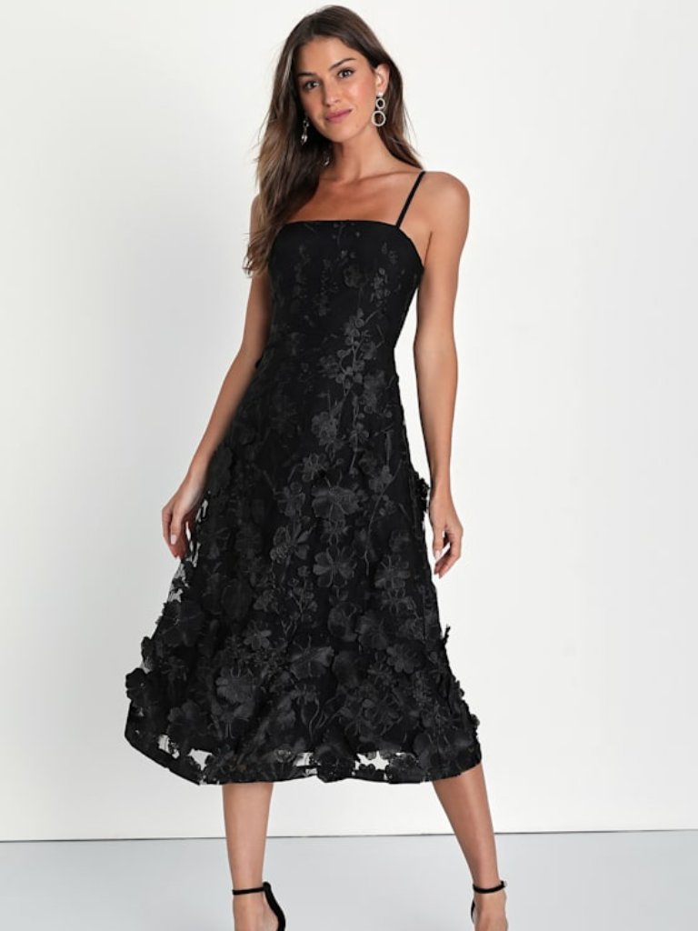 Lulus Glamour Garden Black 3d Floral Embroidered Midi Dress - Size Small